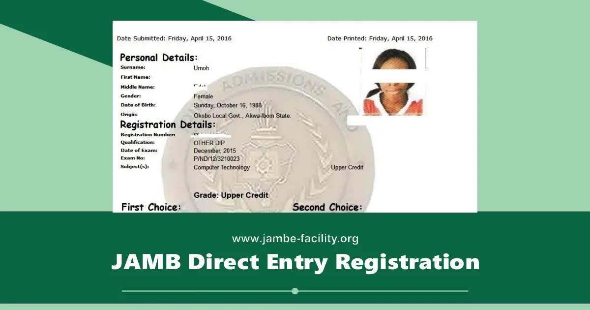 JAMB Direct Entry Registration Form 2025/2026 Procedures