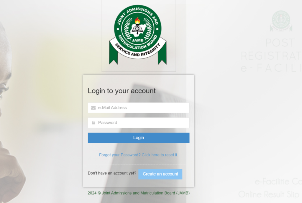 Stage 1: Go to JAMB E-facility Portal